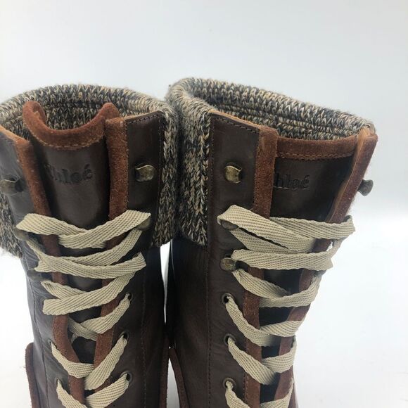 Chloe Leather Wedge Boots Socks Brown Lace Up 38.5 38 1/2 8.5 Winter Fall - Picture 4 of 9